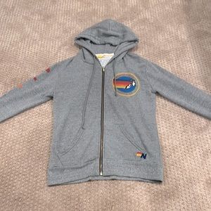 i’m selling a Aviator Nation Zip Up hoodie in Heather Grey!! It fits a size xs!